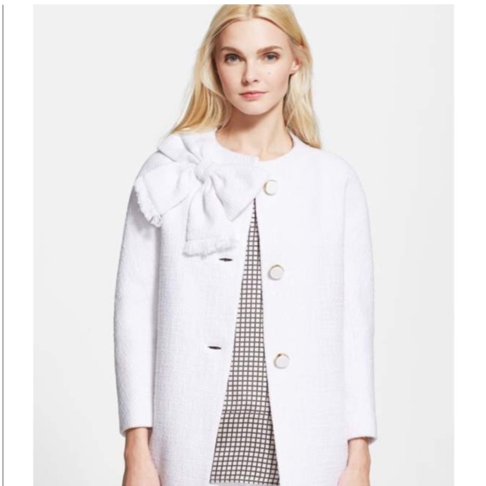 Kate Spade Dorothy Bow-front Tweed Bracelet-sleeve Coat White Size 6 $548 USD